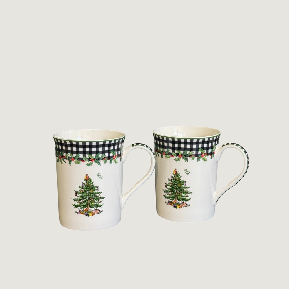 Spode Christmas Tree Gingham Black White Check Mugs Set of 2 Holiday Coffee Cups